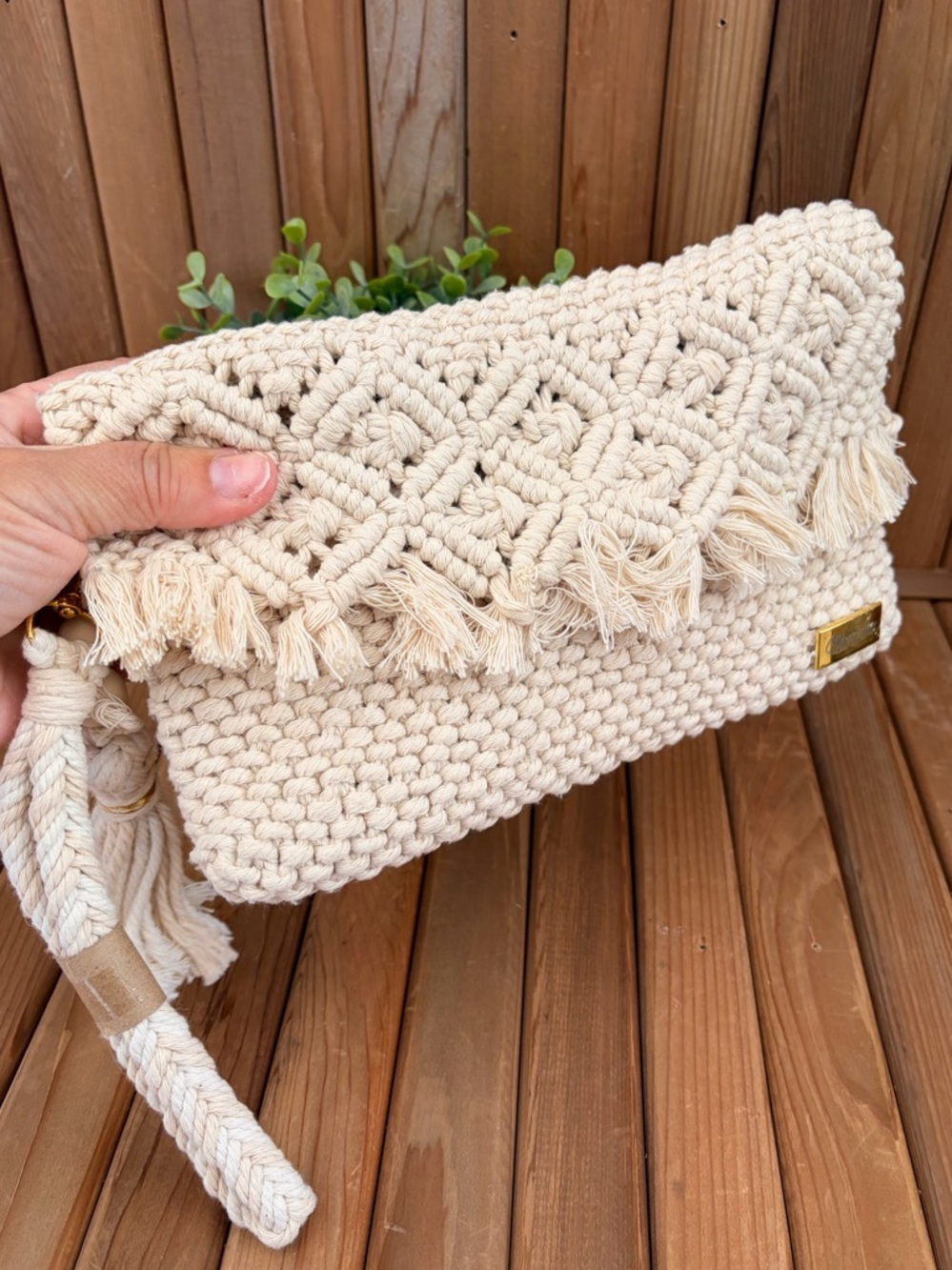 Boho Macrame Clutch Cream Tassel Fringe Woven Crossbody Handmade Style - Picture 5 of 10